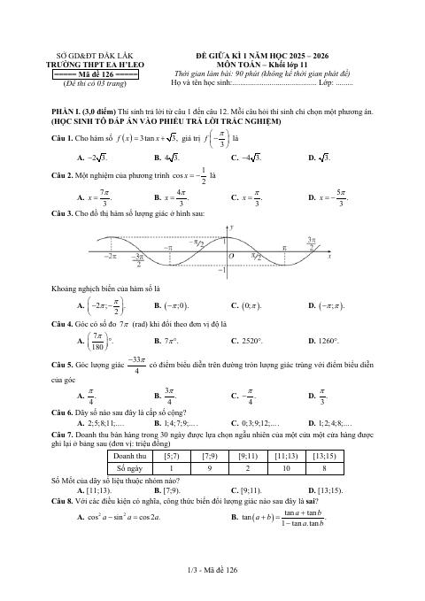 Đề thi Giữa kì 1 Toán 11 năm 2025-2026 trường THPT Ea H'leo (Đắk Lắk)